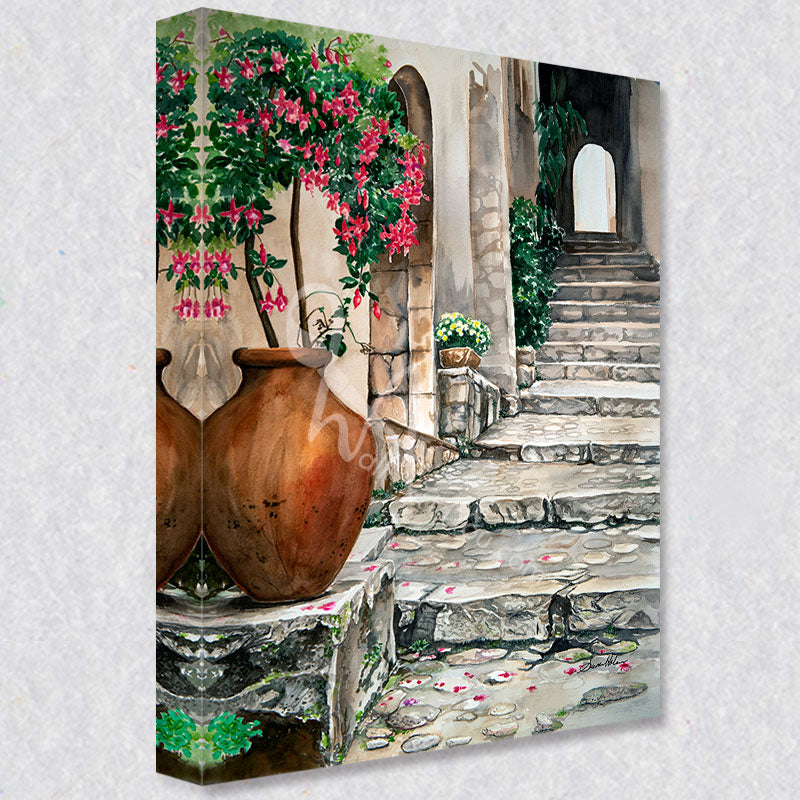 "Planter by the staircase" comes as a gallery wrapped canvas print with a rich 1.5 inch thick wood frame. We use a moisture resistant poly-cotton canvas that will not sag and high quality inks that will last over 100 years.