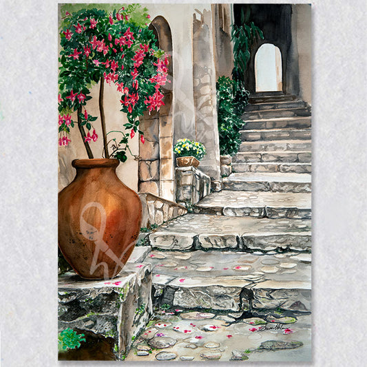 This watercolour is of a staircase lined with planters in St. Paul de Vence, France.