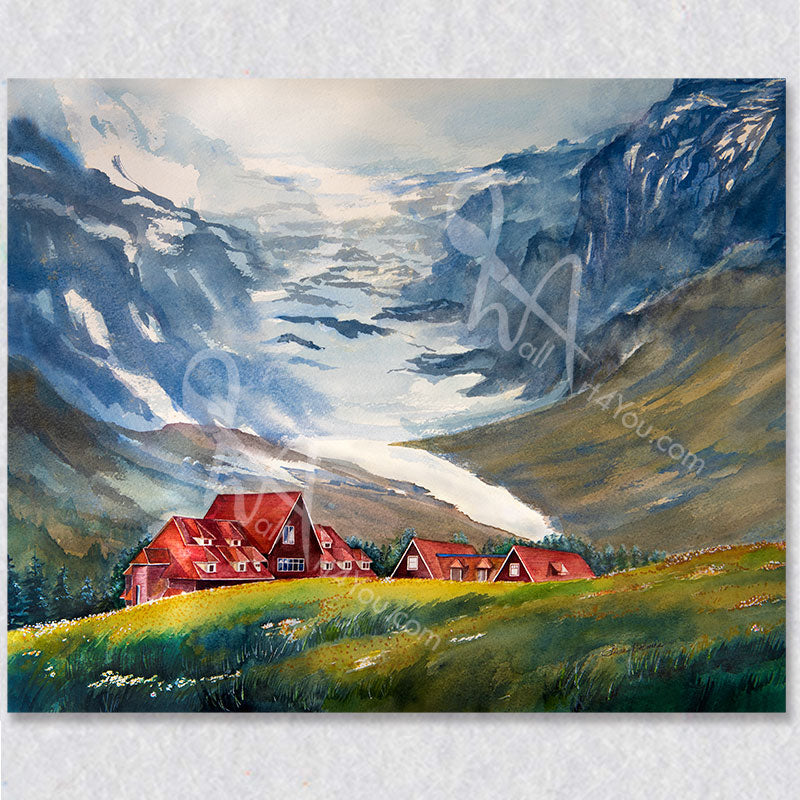 Original watercolour painting of red chalets and glaciers. Wall art for your office, kitchen, hallway or any room.