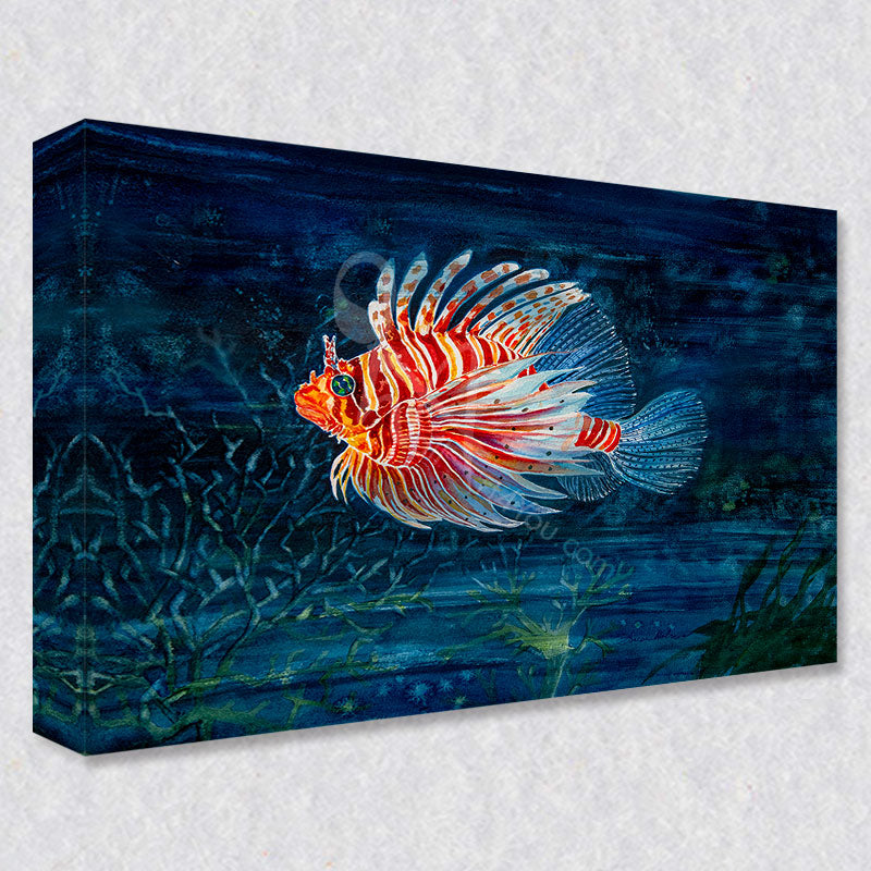 "Red Lion Fish" comes as a gallery wrapped canvas print with a rich 1.5 inch thick wood frame. We use a moisture resistant poly-cotton canvas that will not sag and high quality inks that will last over 100 years.