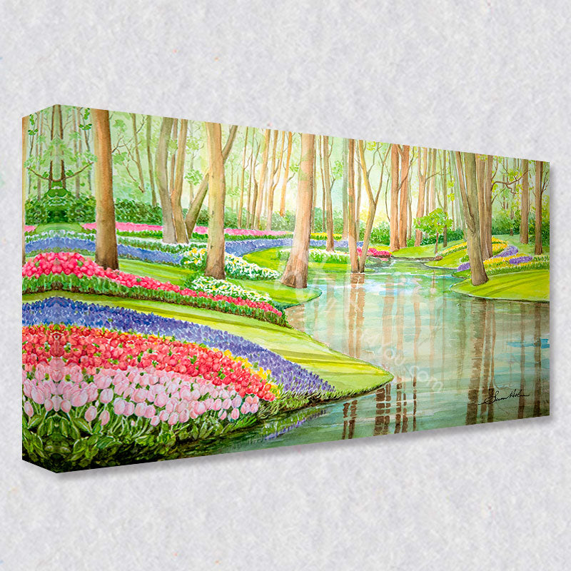 "Spring in Keukenkof" comes as a gallery wrapped canvas print with a rich 1.5 inch thick wood frame. We use a moisture resistant poly-cotton canvas that will not sag and high quality inks that will last over 100 years.