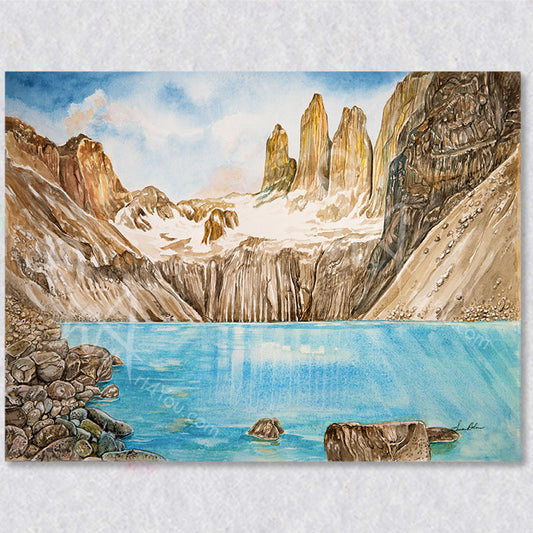 This stunning watercolour print of the Torres Peaks of the Patagonia region of Chile comes in four different canvas print sizes.