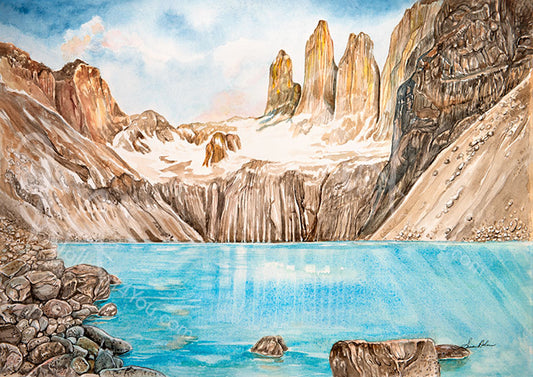 Canadian Artist Susan Holmes in her original watercolour "The Torres Peaks" captures the jagged peaks, glaciers and pristine wilderness of the Patagonia region of Chile.
