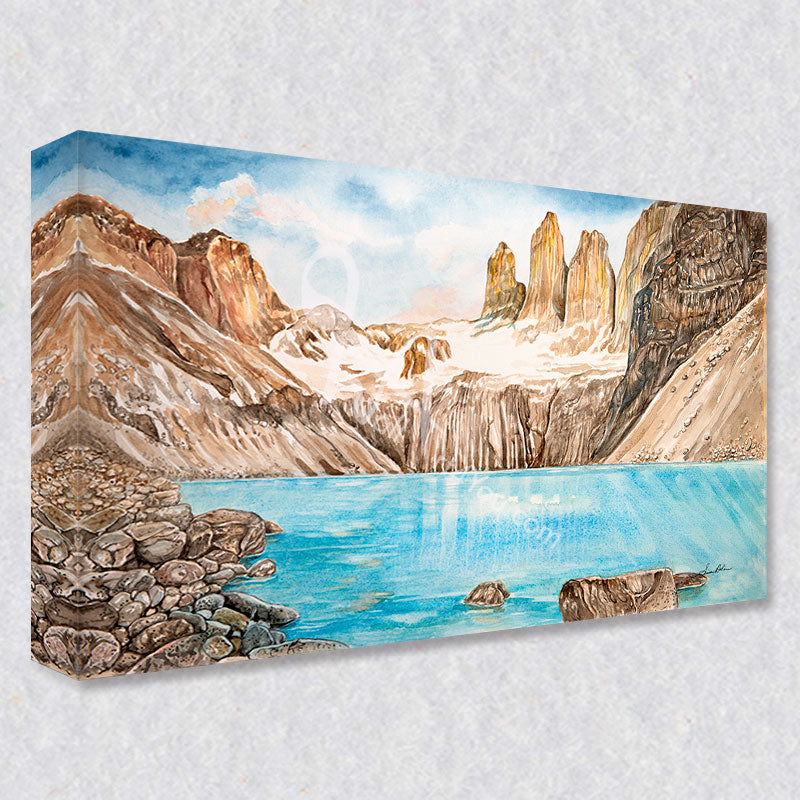 "Torres Peaks" comes as a gallery wrapped canvas print with a rich 1.5 inch thick wood frame. We use a moisture resistant poly-cotton canvas that will not sag and high quality inks that will last over 100 years.