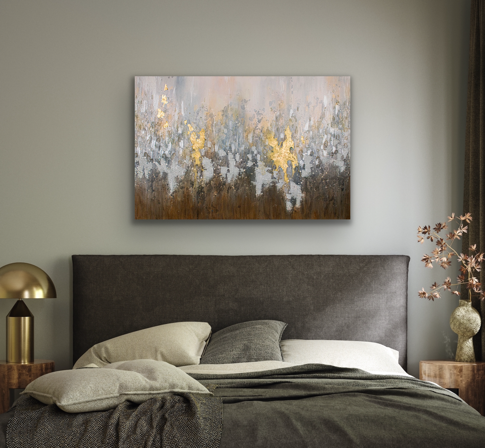 This abstract work of art comes in five different canvas print sizes. The colours of this art work include gold, grey, silver, brown and a little orange.