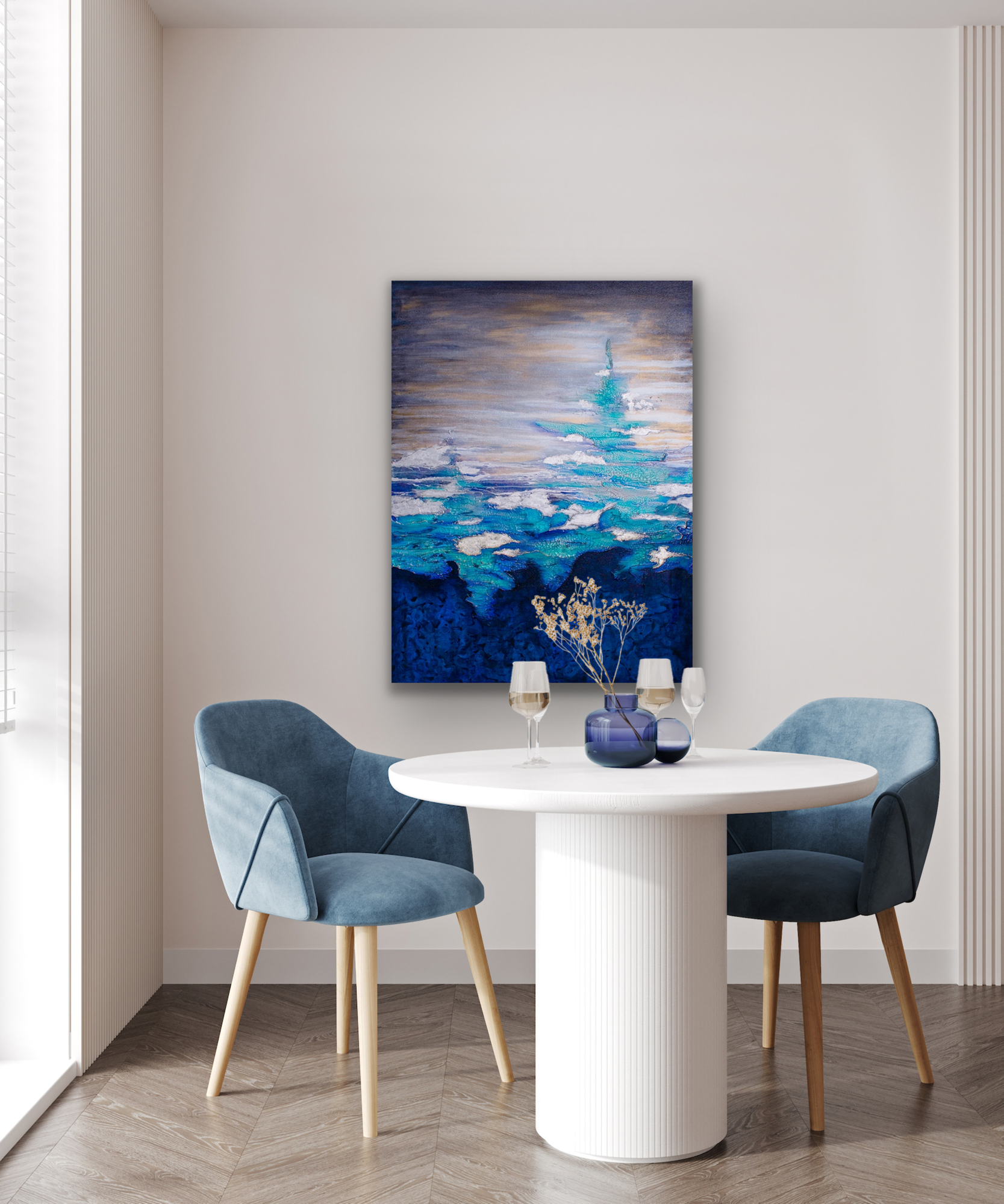 This work of art with its brilliant blues and soft greys and yellow will look great in your dining room, living room or hallway.