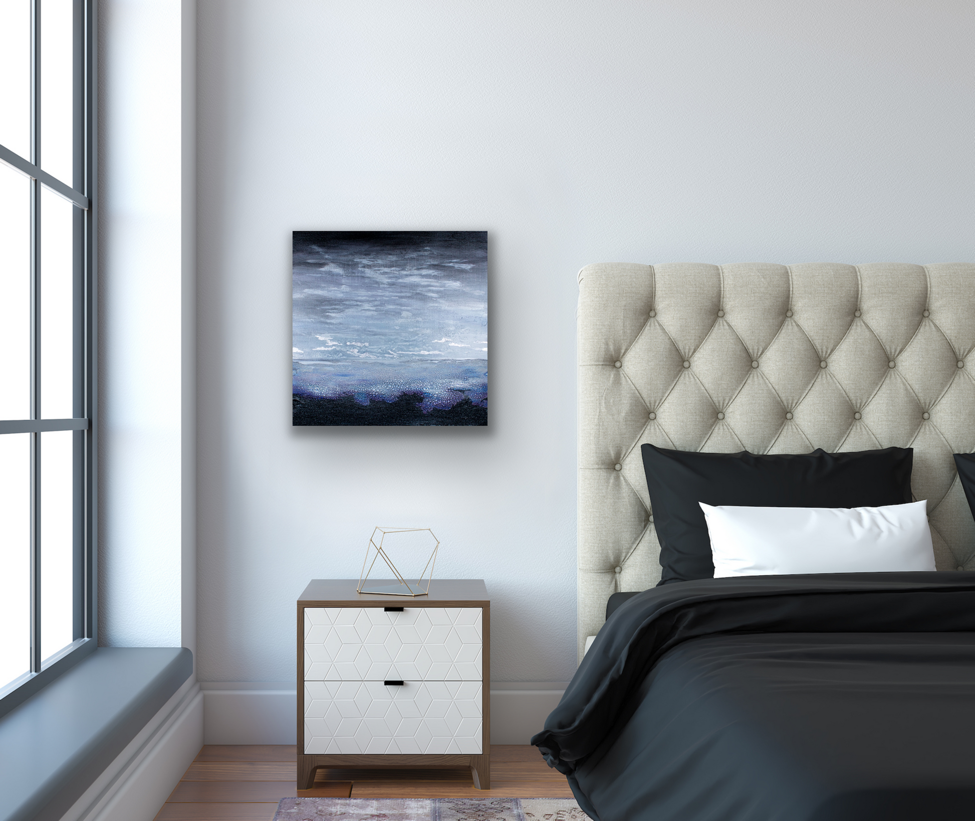 Silver lining abstract work of art has calm soothing colours that are perfect for a bedroom or nursery.