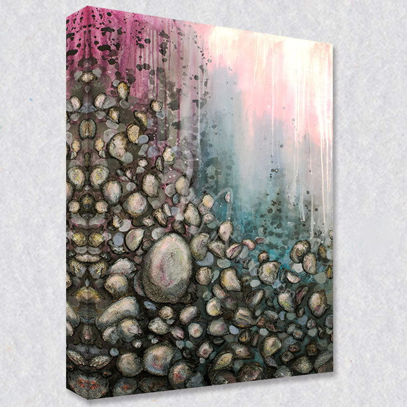 "Skipping Stones" comes as a gallery wrapped canvas print with a rich 1.5 inch thick wood frame. We use a moisture resistant poly-cotton canvas that will not sag and high quality inks that will last over 100 years.