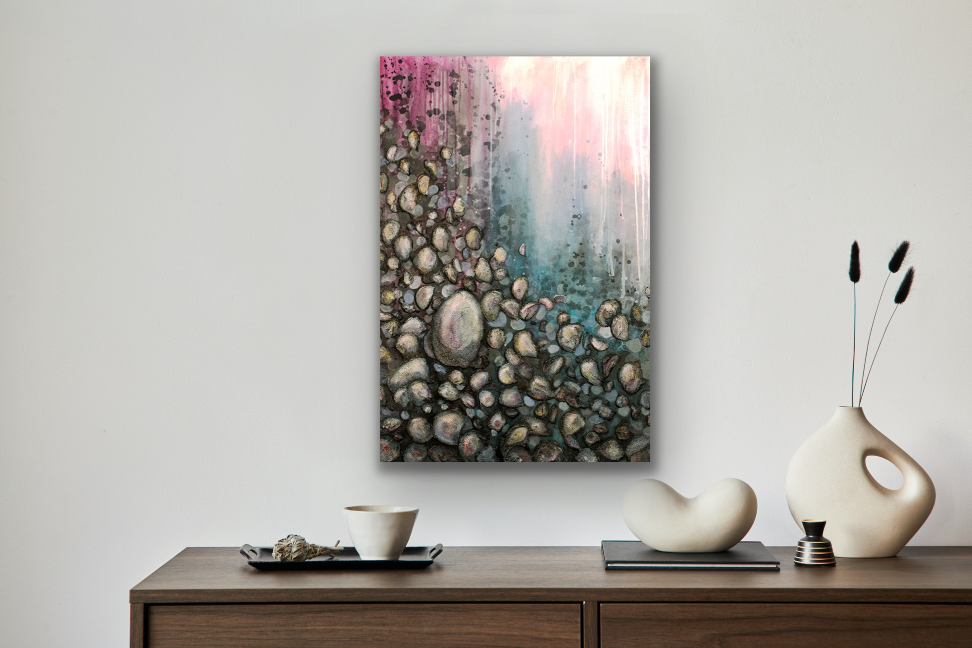 Skipping Stone wall art comes in five different canvas print sizes.