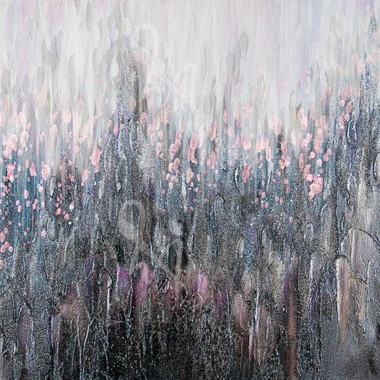 "To the Test" abstract painting colour palette includes shades of pink, grey and black.