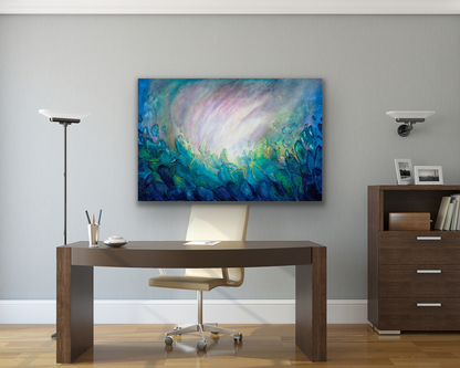 The abstract work of art will look great in your home office or your living room or dining room.  What make this art piece special is all the colour and movement in the painting.