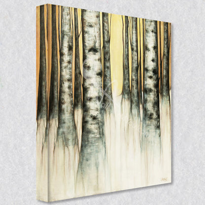 "Birch" comes as a gallery wrapped canvas print with a rich 1.5 inch thick wood frame. We use a moisture resistant poly-cotton canvas that will not sag and high quality inks that will last over 100 years.