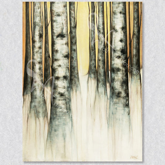 The mystique and ethereal beauty of birch trees is captured uniquely in this art piece. The impressionistic use of lines and gradations of subtle colour and light, creates a dreamy, other-worldly quality to the atmosphere. The artist Victoria Mitchell seeks to create a sense of calm and tranquility in this natural landscape.