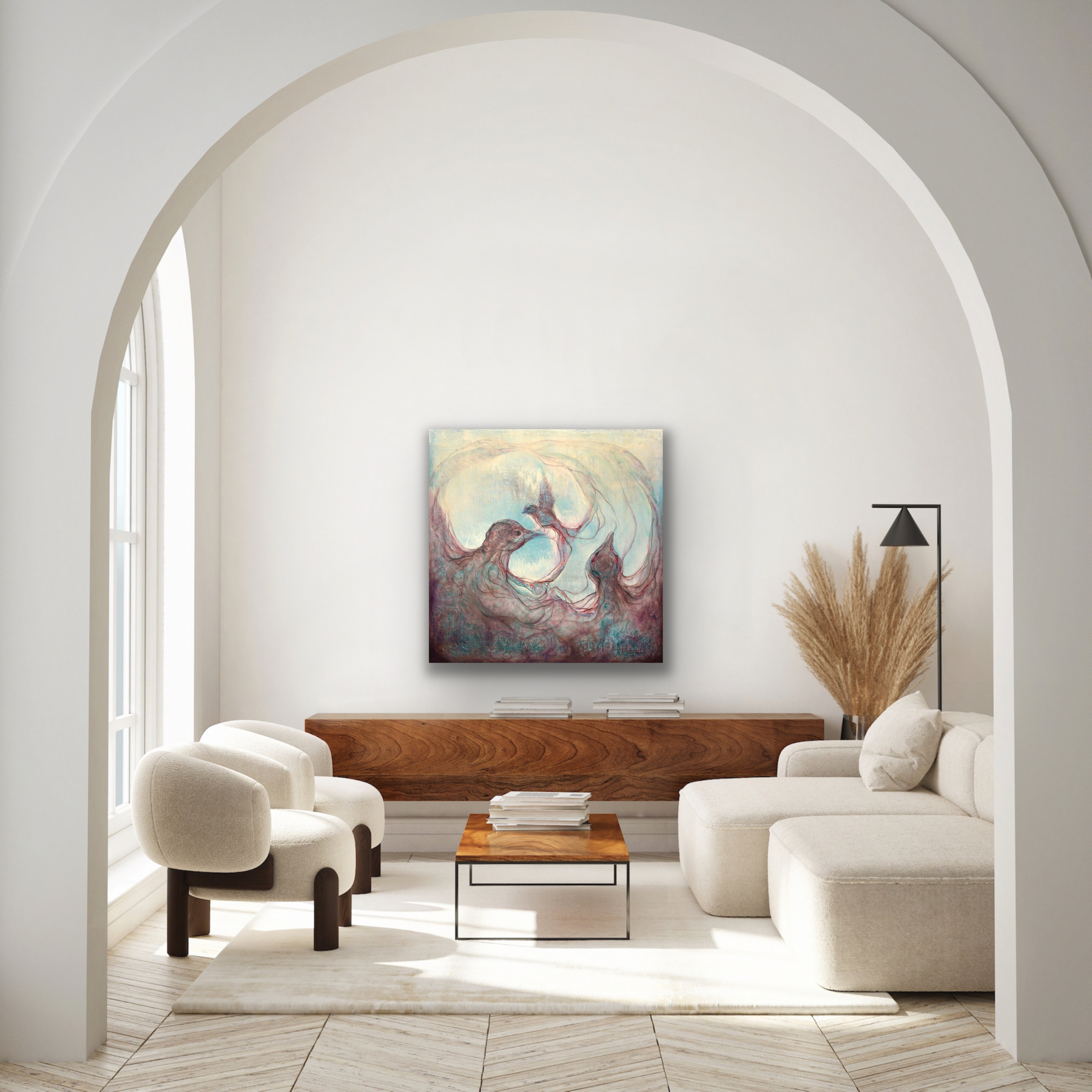 "Renewal" art work is a surreal depiction of the circle of life.  This art piece would look great on a feature wall in your living room, dining room and bedroom.