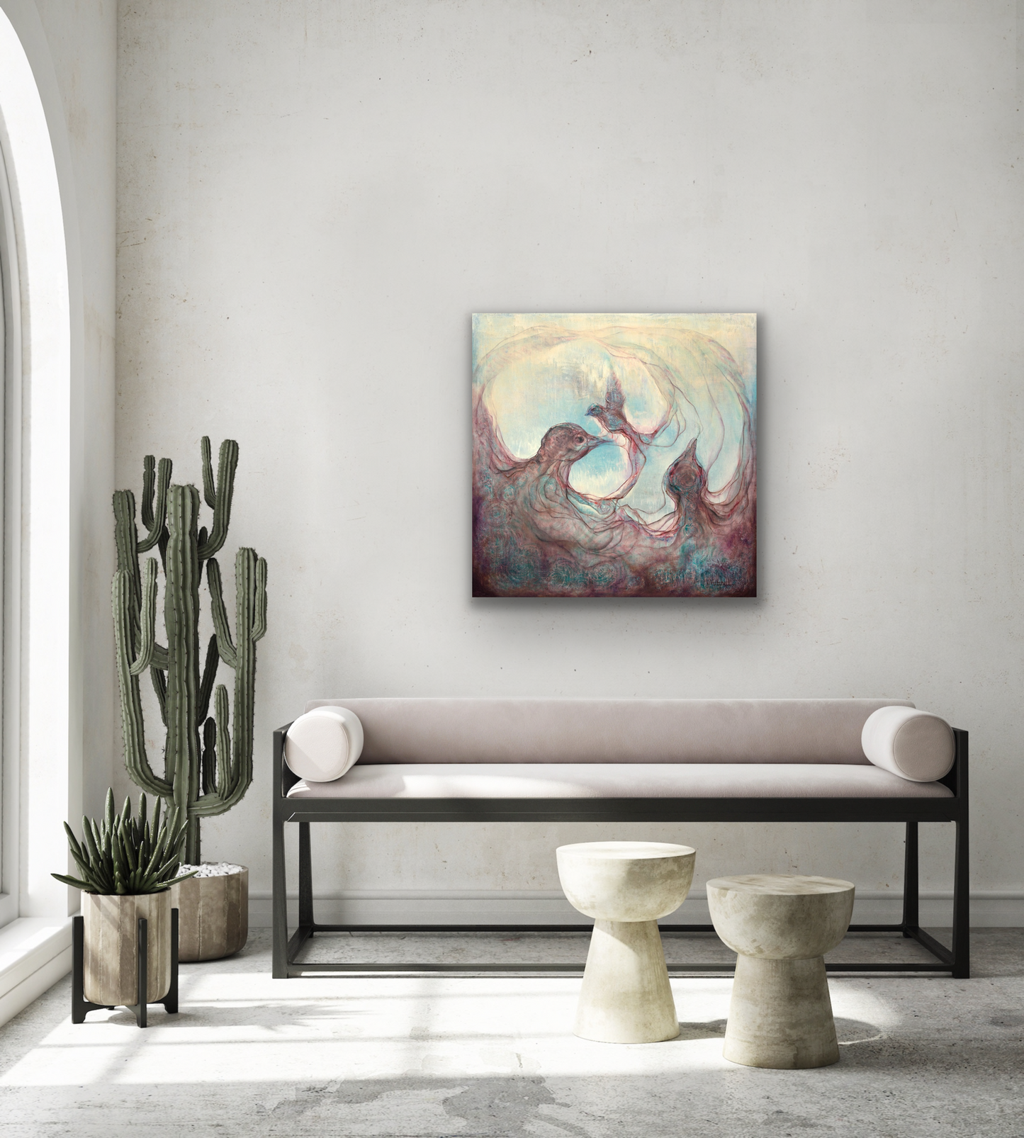 "Renewal" art work is a surreal depiction of the circle of life. This art piece would look great on a feature wall in your living room, dining room and bedroom.