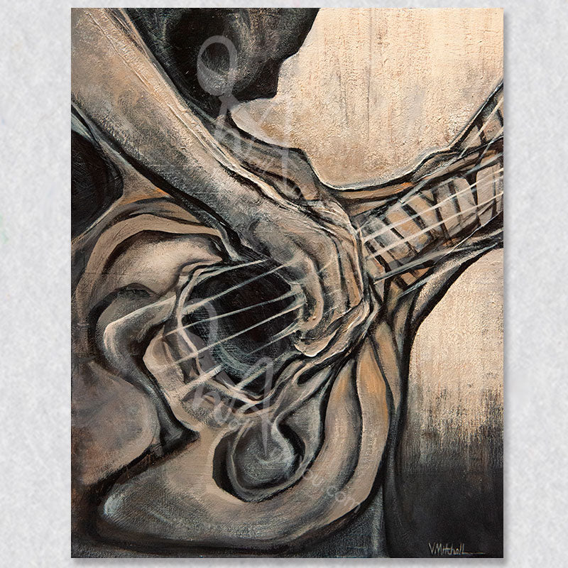 "Strum" wall art of an earthly guitar playerwas created by Vancouver artist Victoria Mitchell.