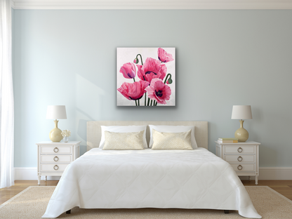 The pink work of art really looks stands out in a relaxing soothing way and would look amazing in a bedroom, dining room and living room.