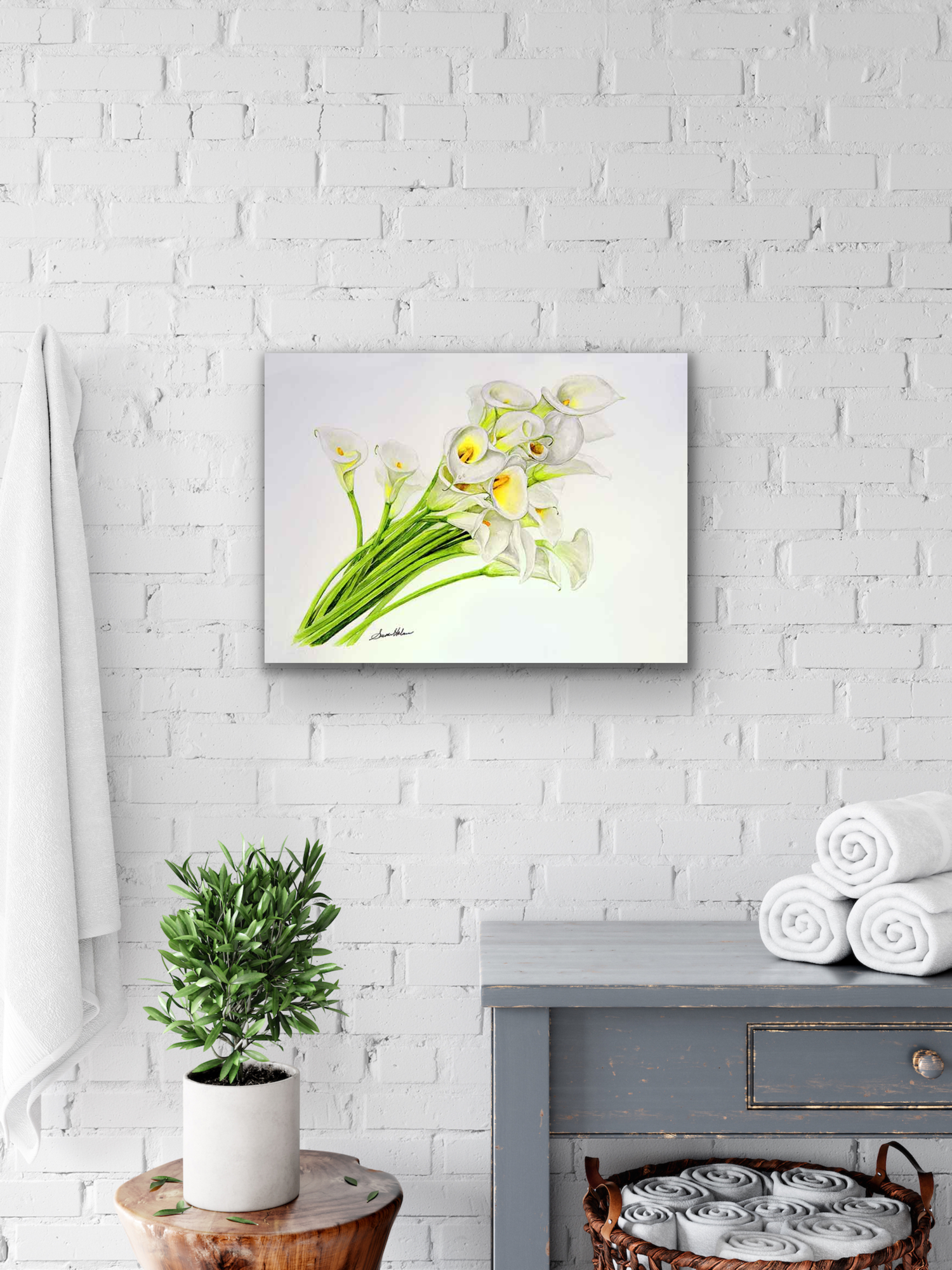 Canvas prints work very well as wall art in bathrooms.  They are more durable and resistant to moisture.