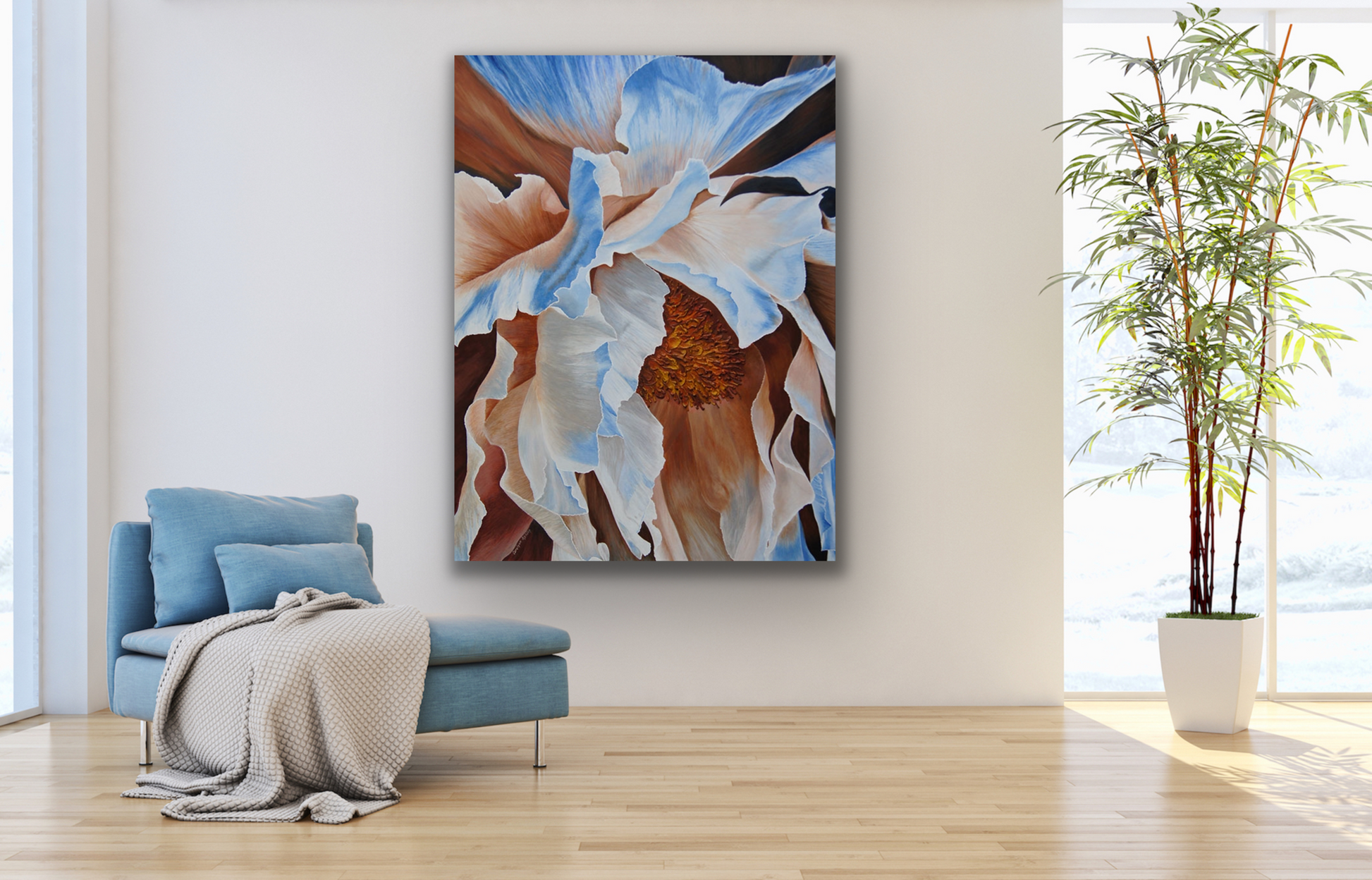 "Delicate" work of art with its blue and brown colours will suit a wide range of home decors and styles.
