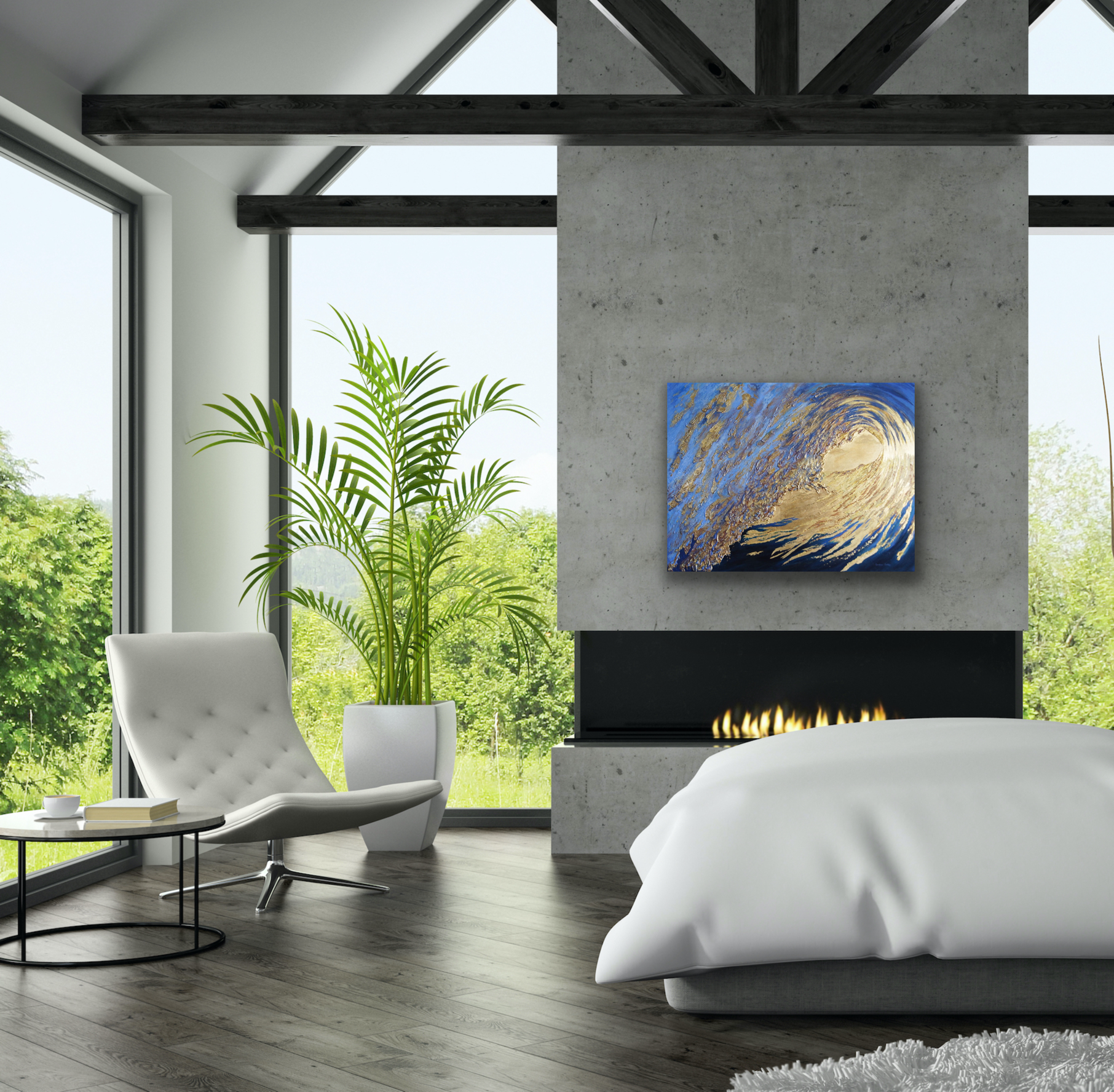 "Empower" golden wave work of art will look great on a feature wall in your bedroom, living room or hallway.