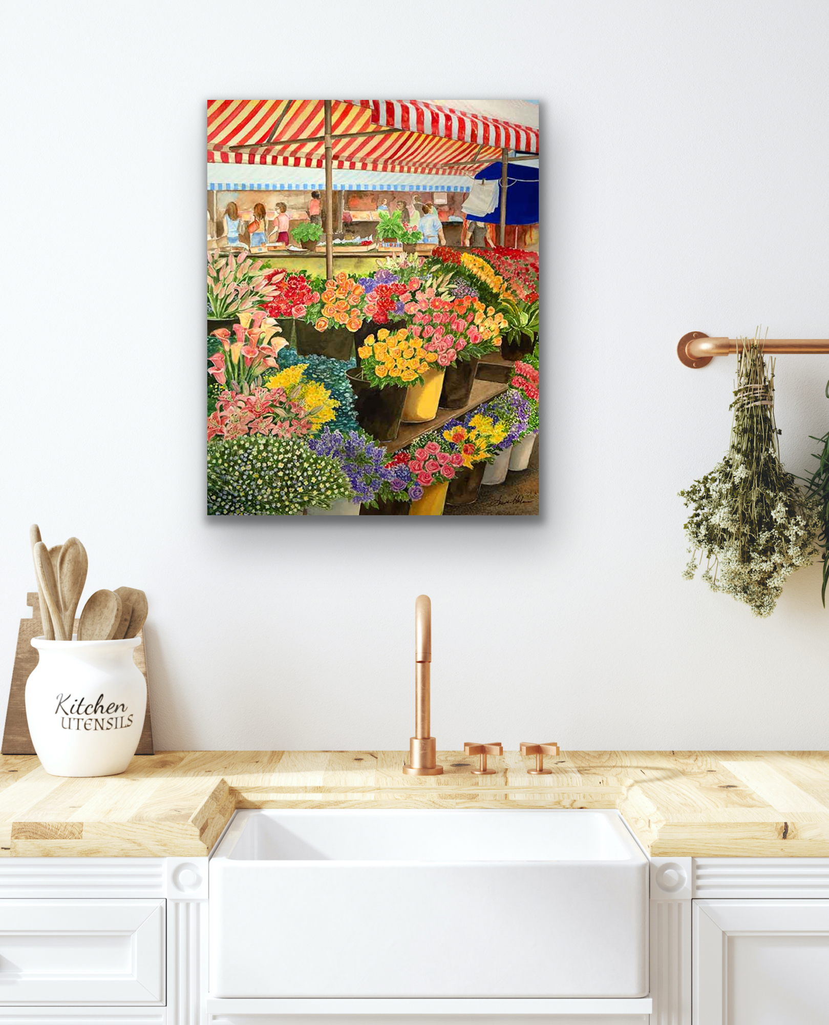 The Flower Market watercolor print will look good in your kitchen, bathroom or any room in your own.