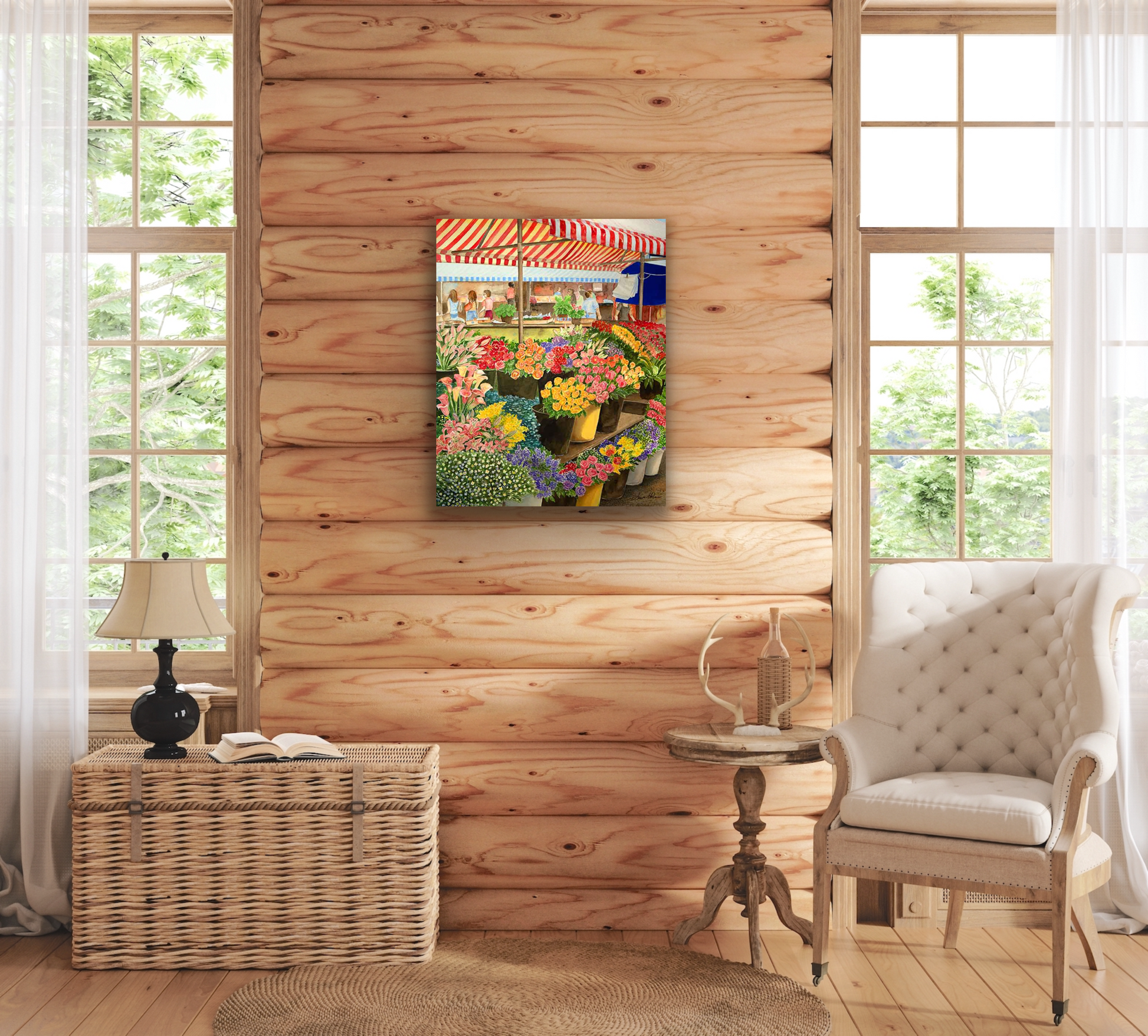 Dress up any room with wall art.  Flower market looks amazing in this log style home.